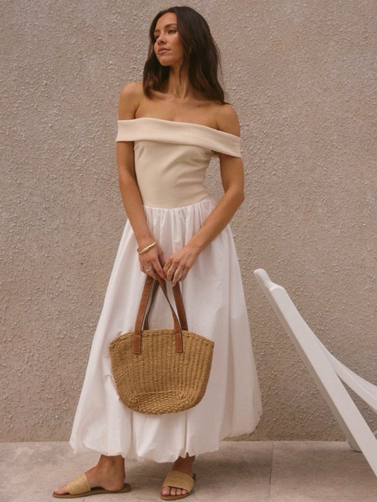 Fortunate One Dresses & Skirts - Off-Shoulder Cream and White Midi Bubble Dress